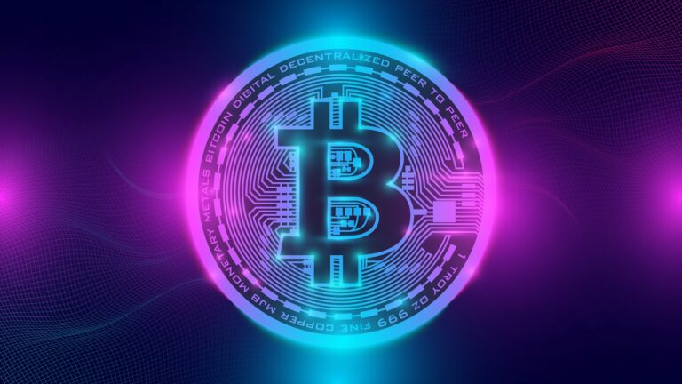 Bitcoin and neon background. Bitcoin and blockchain banner illustration. Mining and trade bitcoin concept. Bitcoin hits new record.