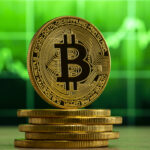 physical-bitcoin-standing-wood-table-front-green-graph-bitcoin-bull-market-concept